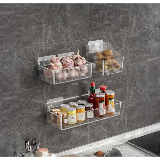 [2561539] CANASTO ORGANIZADOR RECTANGULAR RAYADO AUTOADHESIVO 11X13X10,5CM TRANSPARENTE DE PLÁSTICO