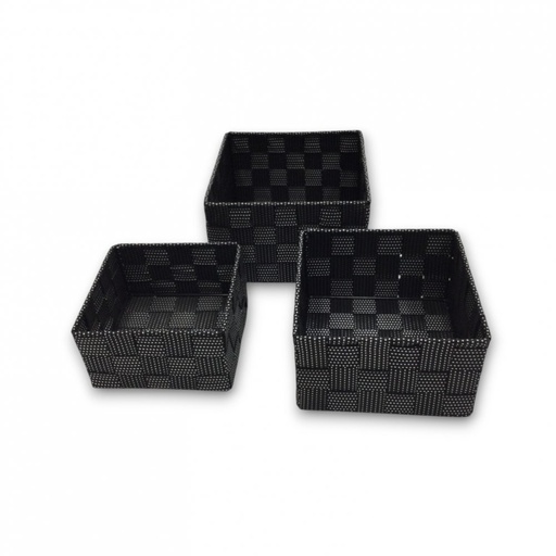 [2561546] SET X3 CANASTOS CUADRADOS NEGROS CON PUNTOS BLANCOS 14X14X7,5 / 16X16X9,5 / 18X18X11CM DE PLÁSTICO