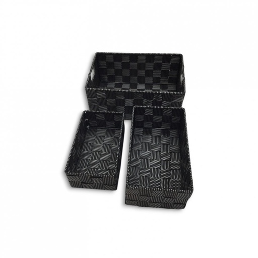 [2561547] SET X 3 CANASTOS RECTANGULARES NEGROS CON PUNTOS BLANCOS 26X17X11 / 23X13X9 / 19X11X7CM DE PLÁSTICO