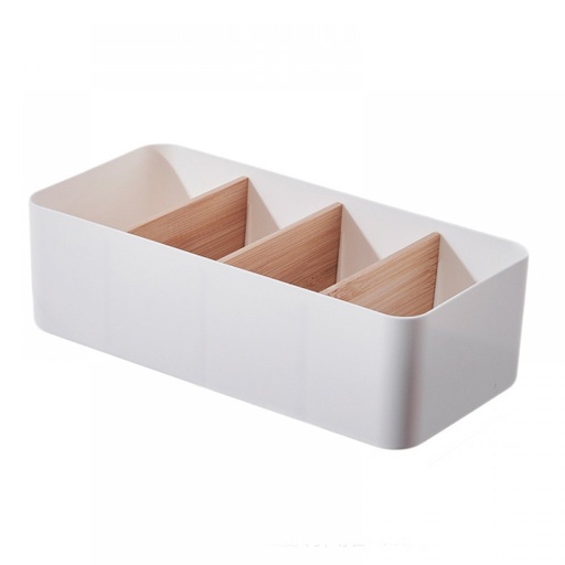 [2561553] ORGANIZADOR RECTANGULAR BLANCO PLÁSTICO CON 4 DIVISIONES DE BAMBOO 26,9X12,8X7,9CM
