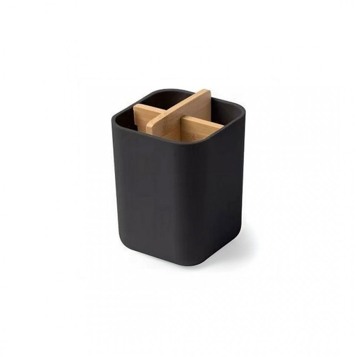 [2561556] ORGANIZADOR RECTANGULAR ALTO NEGRO PLÁSTICO CON 4 DIVISIONES DE BAMBOO 9X9X11CM