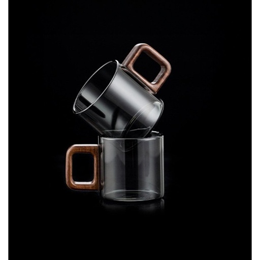 [256772] JARRO DE CAFÉ TÉRMICO SIMPLE GRIS CON ASA DE MADERA OSCURA 80ML 5X5,5CM VIDRIO