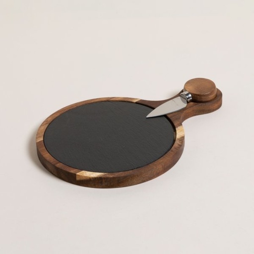 [4113727] TABLA REDONDA DE ACACIA Y LAJA CON CUCHILLO PARA Q