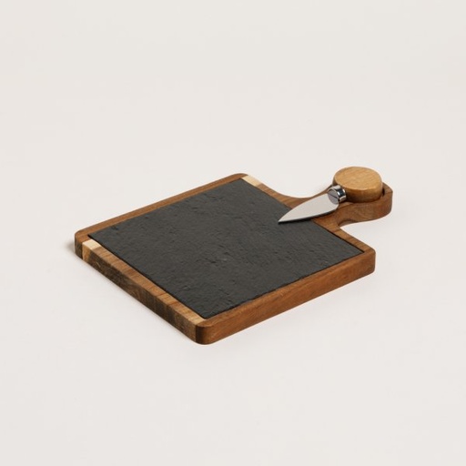 [4113729] TABLA CUADRADA DE ACACIA Y LAJA CON CUCHILLO PARA