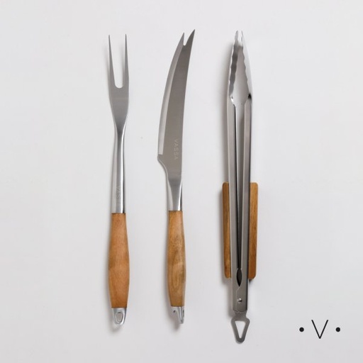 [4113934] SET DE ASADO Y PINZA DE ACERO INOXIDABLE Y MADERA DE ACACIA VASSA HOME