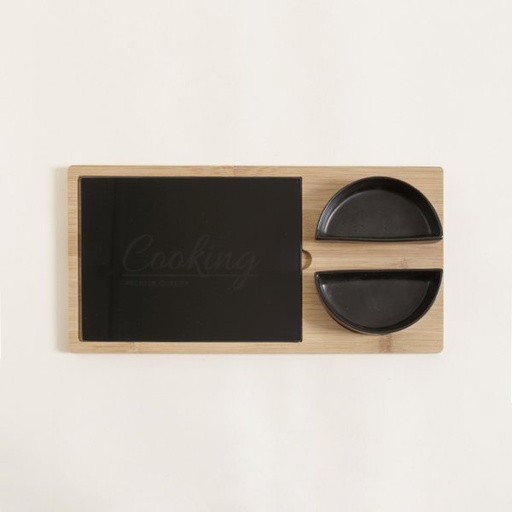 [4114059] TABLA DE QUESOS BAMBOO Y VIDRIO NEGRO CON RECIPIENTES 34X17 CM