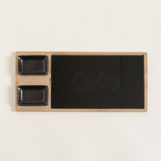 [4114060] TABLA DE QUESOS BAMBOO Y VIDRIO NEGRO CON DOS RECIPIENTES 34X16 CM