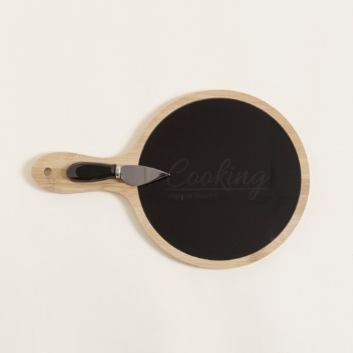 [4114062] TABLA DE QUESOS BAMBOO Y VIDRIO NEGRO CON CUCHILLO 34X22 CM