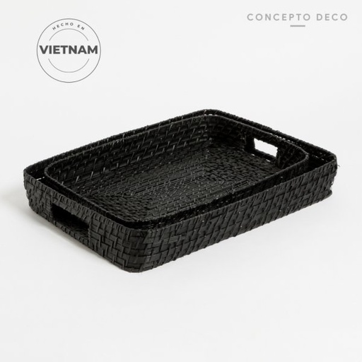 [1651054] BANDEJA SET X 2 RATTAN G:45X7CM C:39X6CM NEGRO