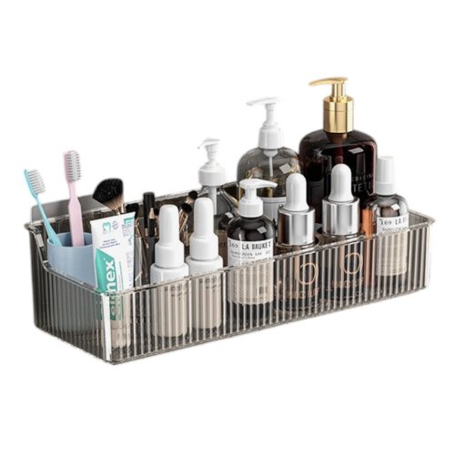 [2561711] CANASTO ORGANIZADOR RECTANGULAR RAYADO AUTOADHESIVO 31X11,5X8,3CM FUMÉ DE PLÁSTICO