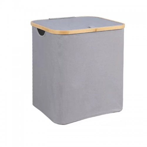[2561723] CESTO DE ROPA RECTANGULAR GRIS CON TAPA BORDE BAMBÚ 40X33X45CM TELA