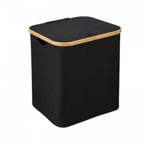[2561724] CESTO DE ROPA RECTANGULAR NEGRO CON TAPA BORDE BAMBÚ 40X33X45CM TELA