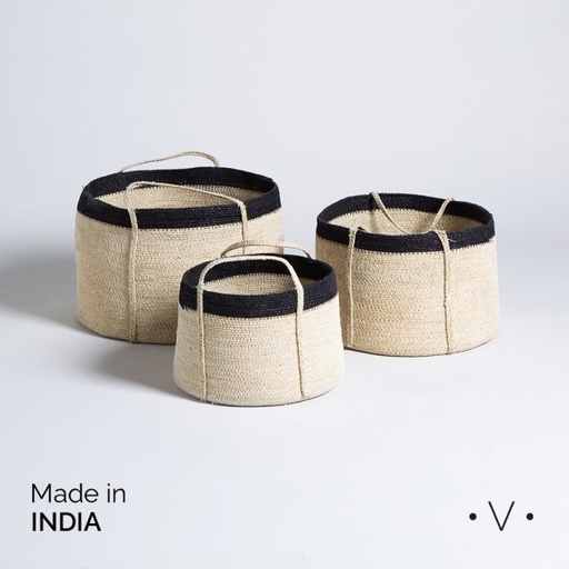 [4114837] SET X 3 CANASTOS CILINDRICOS KANPUR BLACK 23X32 / 20X28 / 18X23 CM VASSA HOME