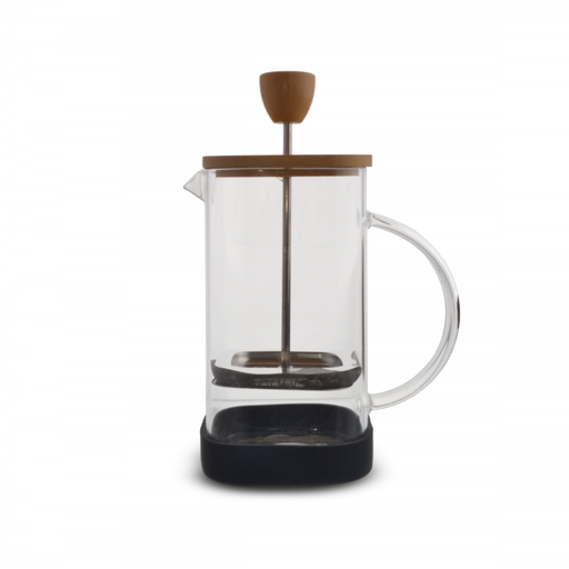 [256982] CAFETERA CUADRADA CON TAPA DE BAMBOO, ASA DE VIDRIO Y BASE NEGRA 350ML 6,2 X 6,2 X 17,5 CM DE VIDRIO