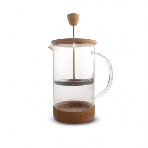 [256984] CAFETERA CON TAPA DE BAMBOO, ASA DE VIDRIO Y BASE DE CORCHO 600ML 9 X 20 CM DE VIDRIO