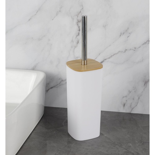 [256832] CEPILLO DE BAÑO CUADRADO BLANCO LISO CON TAPA DE BAMBOO Y MANGO DE METAL 9X9X36CM DE PLÁSTICO