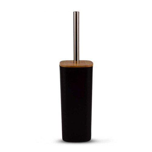 [256833] CEPILLO DE BAÑO CUADRADO NEGRO LISO CON TAPA DE BAMBOO Y MANGO DE METAL 9X9X36CM DE PLÁSTICO