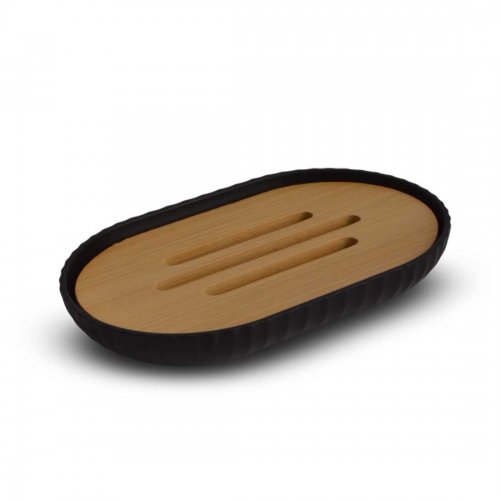 [256283] JABONERA OVAL NEGRO CON RAYAS VERTICALES CON TAPA DE BAMBOO 12,5X8CM DE PLÁSTICO