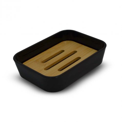 [256292] JABONERA RECTANGULAR NEGRO LISA CON TAPA DE BAMBOO 9X12X3CM DE PLÁSTICO